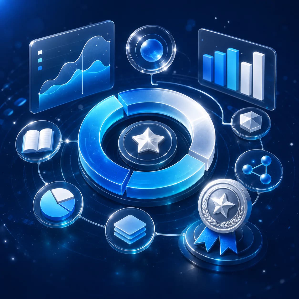 Learning progress constellation with score rings and achievement medal